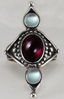 Sterling Silver Gothic First Finger Ring With Garnet And Blue Topaz Size 6